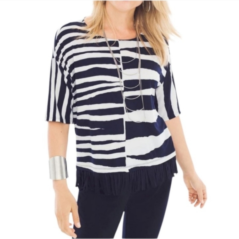 Chicos Striped Fringe-Hem Women's Top - Navy & White